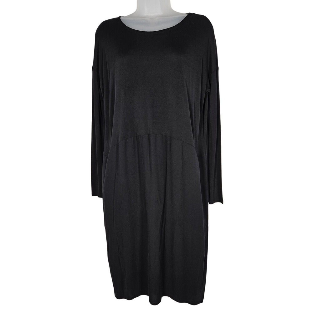 Eileen Fisher‎ Shift Dress XXS Black Silk Round Neck Long Sleeve Pocket Minimal